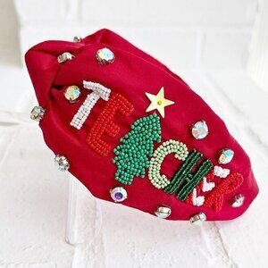 Red Christmas Gift Holiday Bead & Rhinestone TEACHER Boho Top Knot Headband